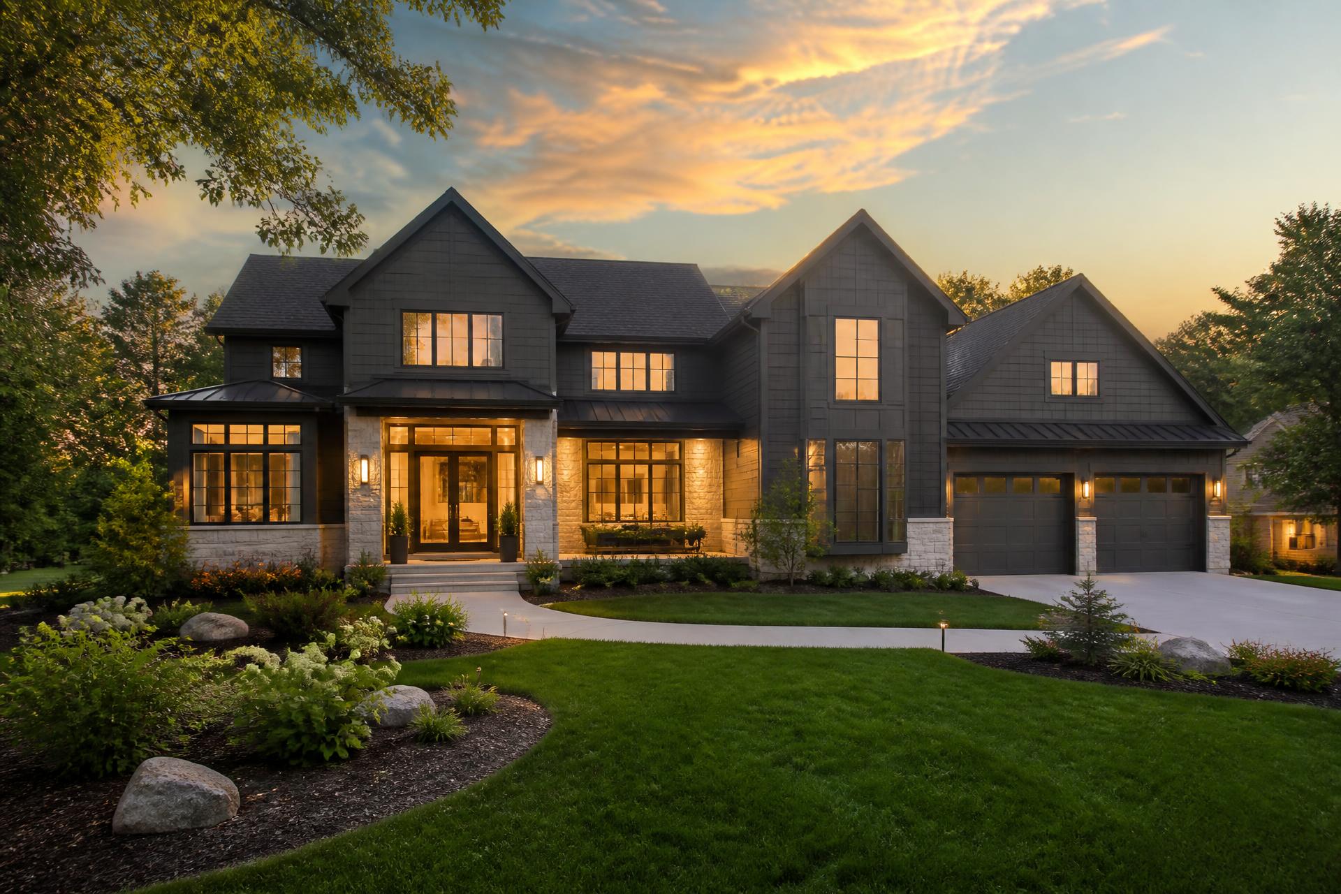 Beautifully renovated modern Nebraska home at golden hour